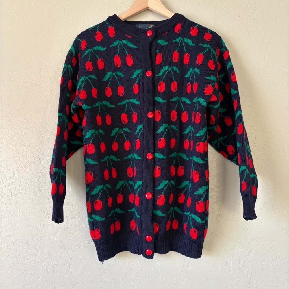 Tulchan Cherry Print Wool Cardigan Sweater | Vintage Novelty Knit | Size M